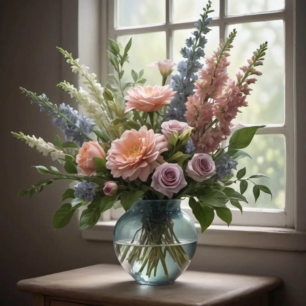Prompt: Beautiful, hyperrealistic floral bouquet, high quality, hyperrealism, natural lighting, cool tones , picturesque scenery, tranquil, professional, atmospheric lighting