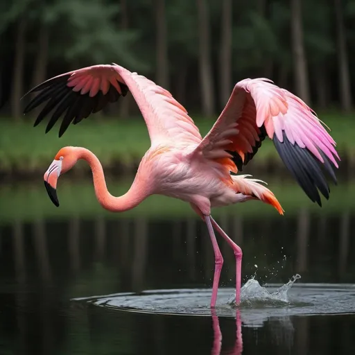 Prompt: "Create an image of a flamingo in mid-flight over a calm lake. Its wings are fully extended, showcasing their vibrant pink and black feathers. Below, the still water perfectly mirrors the flamingo's dynamic pose and the motion of its wings, creating a stunning reflection. The scene should evoke a sense of freedom and natural grace, with the bird and its reflection in harmonious symmetry."