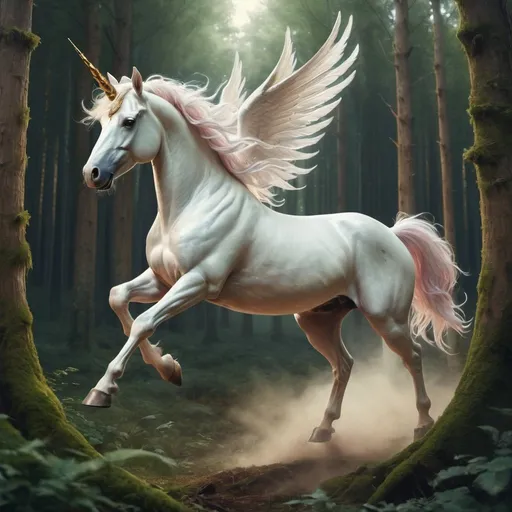 Prompt: A mythical unicorn flying appears in forest in a style of renaissance 