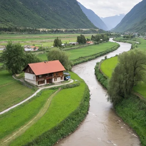 Prompt: valley with house next to a river
