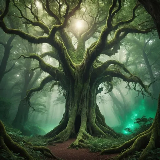 Prompt: In the heart of an enchanted forest, where the trees whisper secrets of ancient magic. As you venture deeper into the emerald depths, the air begins to shimmer with otherworldly energy. Strange creatures  between the branches, their forms shifting and morphing with each passing moment. At the center of it all stands a towering tree, its branches reaching towards the heavens like outstretched arms, inviting you to explore the wonders of a mystical world beyond imagination.