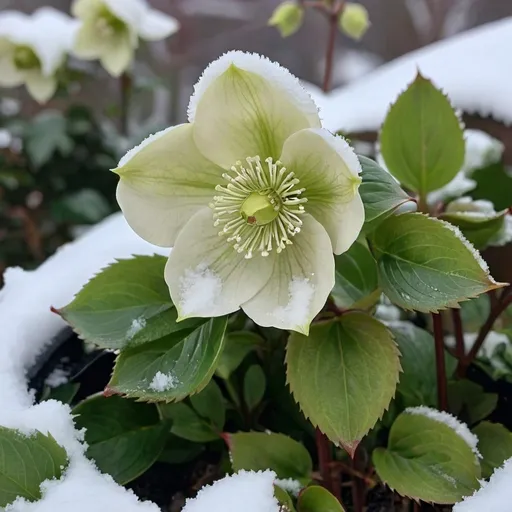 Prompt: A single hellebore (Christmas rose) blooming in a winter garden.Elegant and hardy, with snow-dusted leaves enhancing the scene