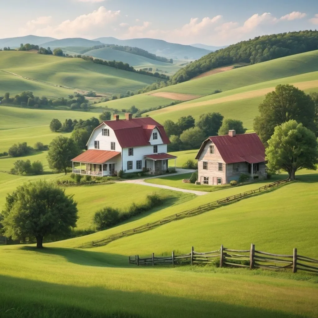 Prompt: A peaceful countryside scene with rolling hills and a quaint farmhouse.
