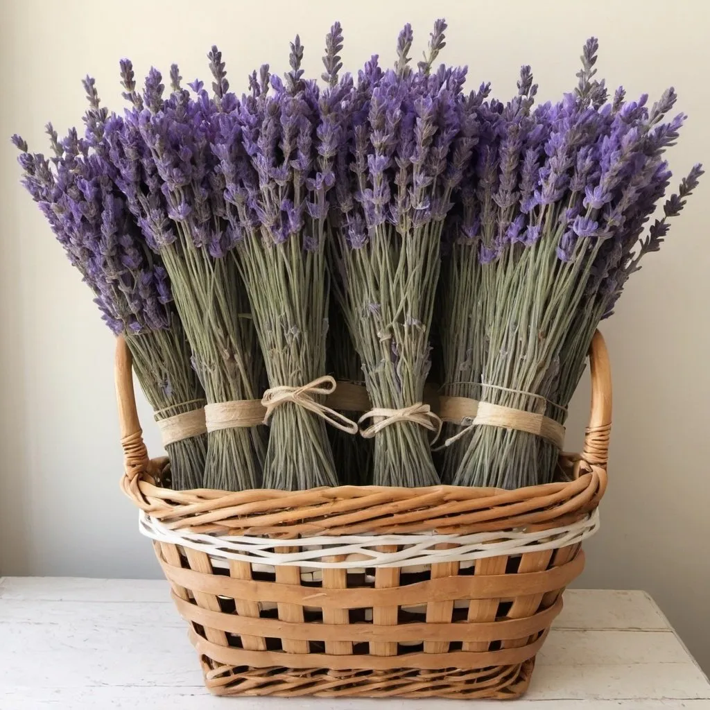 Prompt: A group of lavender stems in a rustic wicker basket.Earthy and homely, with additional dried flowers or herbs as accents.