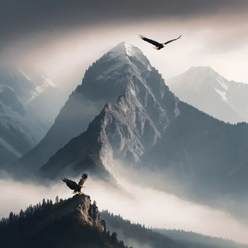 Prompt: A majestic mountain range shrouded in mist, with a lone eagle soaring above.