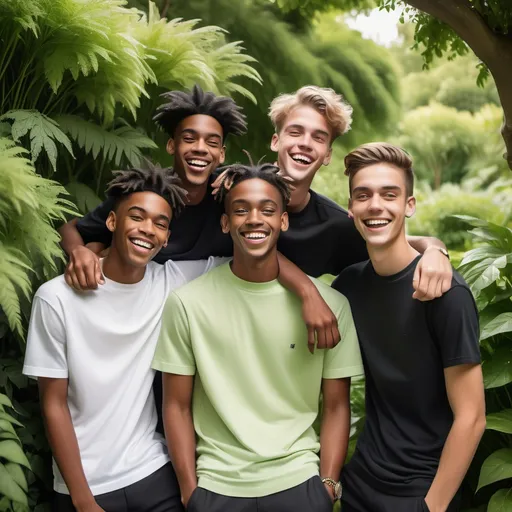Prompt: Three young men are playfully posing together in a vibrant green outdoor setting, their smiles reflecting a sense of joy and camaraderie. Each individual showcases a distinct style, with one wearing a white textured top and the others in black attire with varying patterns. The surrounding greenery hints at a casual, relaxed atmosphere, possibly on a warm day. The composition features the trio closely together, their heads tilted towards the camera at an angle that captures their expressions perfectly, with soft lighting illuminating their features and enhancing the cheerful mood of the moment. The image conveys a narrative of friendship and shared happiness, encapsulating a moment that feels both candid and celebratory.