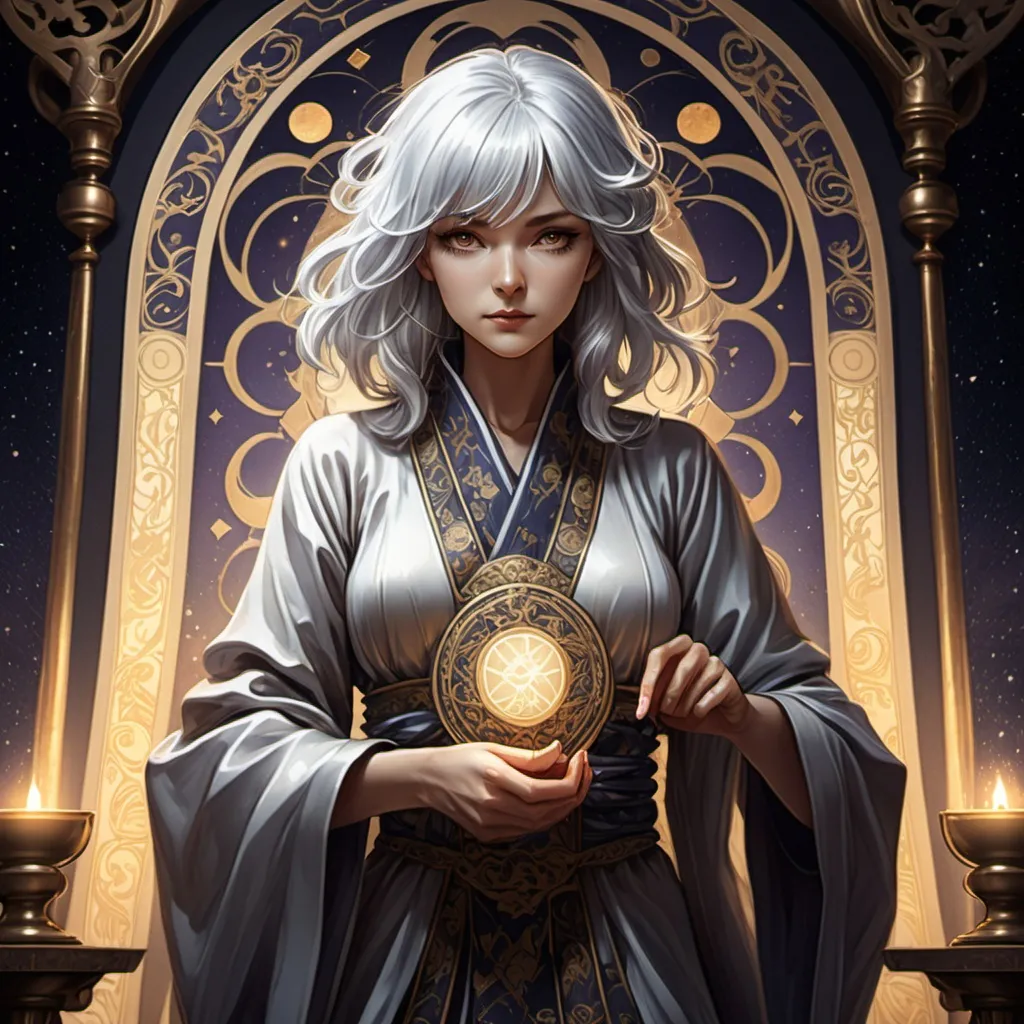 Prompt: tarot card Anime illustration, a silver-haired woman, detailed ornate cloth robe, dramatic lighting