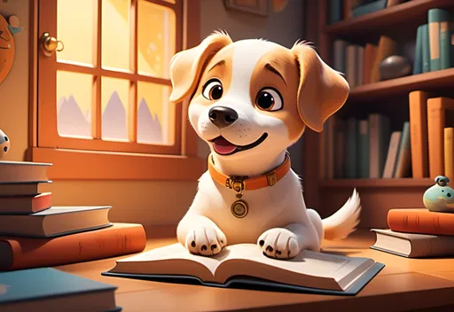 Prompt: (intelligent dog character), a captivating story scene, bright and cheerful atmosphere, vibrant colors, whimsical background, playful expressions, charming dog features, cozy environment, storytelling elements like books and maps, dynamic poses, (high quality), deep storytelling details, cartoonish style, warm lighting, engaging and imaginative setting.