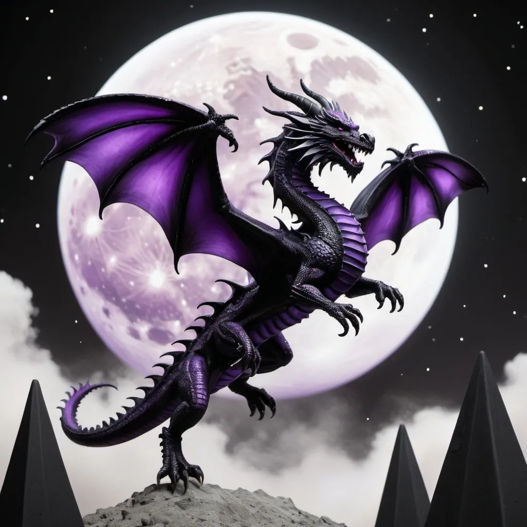 Prompt: Make a realistic purple and black dragon flying in the air on the moon with black pillars and flouting crystals on top of the pillars