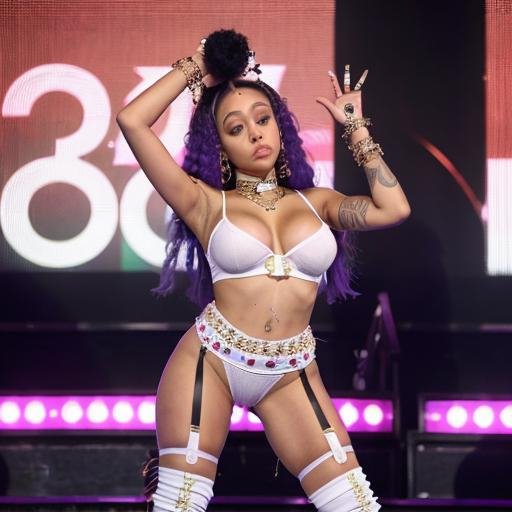 Prompt: Doja cat in very a Very sugestive outfit on stage, blowing a kiss at the camera. Full body.