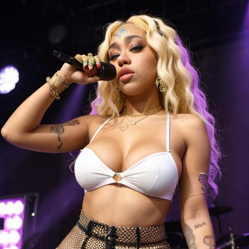 Prompt: Doja cat in very a Very sugestive outfit on stage, blowing a kiss at the camera. Full body. Blonde hair. Hair down.