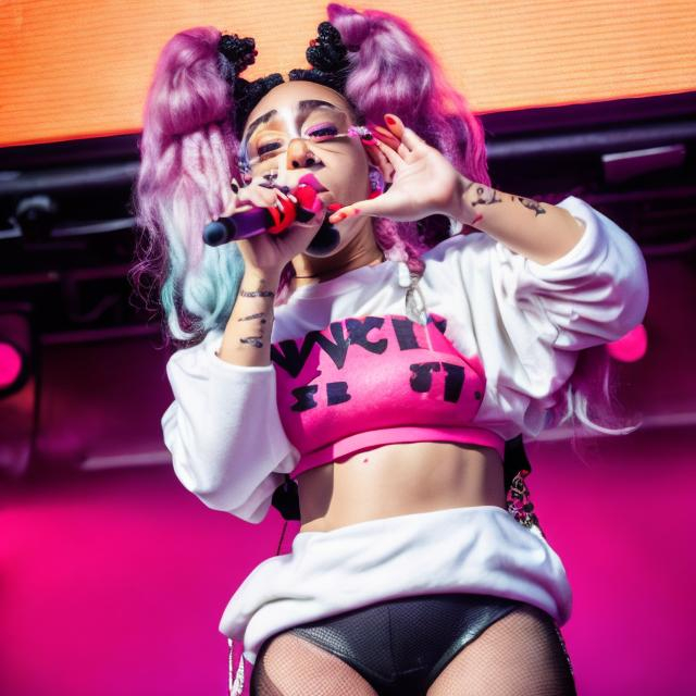Prompt: Doja cat in very a Very sugestive outfit on stage, blowing a kiss at the camera. Full body.