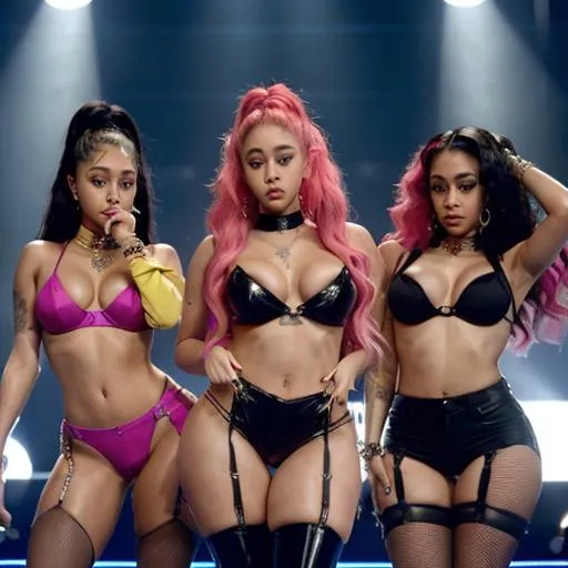 Prompt: A thirst trap of a velumptuous Ariana Grande, Doja cat and Cardi B in very hot and sugestive outfits.