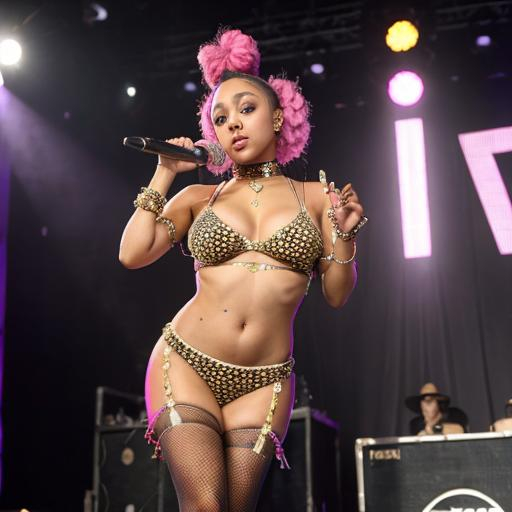 Prompt: Doja cat in very a Very sugestive outfit on stage, blowing a kiss at the camera. Full body.