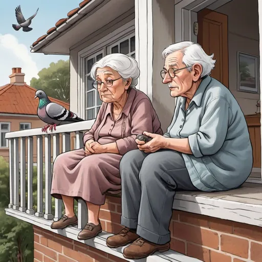 Prompt: create a cartoon of old man with balding grey brown hair and old lady with white hair sitting on a front verandha of a house looking at a pigeon perched on the railing near them, looking at them inquisitively. people are looking worriedly back at the pigeon.