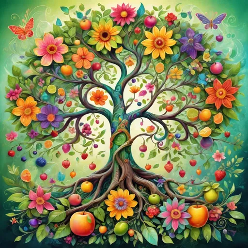 Prompt: Tree of life, vibrant branches adorned with colorful flowers and fruits, exuding an aura of joy, wellness, and prosperity, lush greenery, whimsical fantasy art style, bright and cheerful color palette, intricate details, organic shapes, masterful illustration, serene atmosphere, inviting and uplifting environment, ultra-detailed, high-quality visual experience.