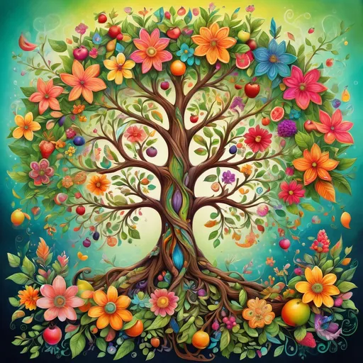 Prompt: Tree of life, vibrant branches adorned with colorful flowers and fruits, exuding an aura of joy, wellness, and prosperity, lush greenery, whimsical fantasy art style, bright and cheerful color palette, intricate details, organic shapes, masterful illustration, serene atmosphere, inviting and uplifting environment, ultra-detailed, high-quality visual experience.