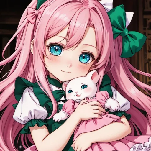 Prompt: Can you make me an anime girl with blue eyes, pink long flowing hair with green ends on it, wearing a pink Lolita dress with a bow on it, make sure she’s a tiny little baby and mitsuri kanroji from demon slayer is holding her.