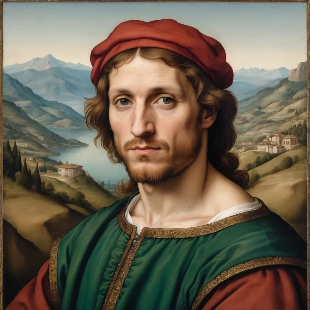 Prompt: A painted portrait of a man in the style of Italian Renaissance painter Raphael with mountains in the background