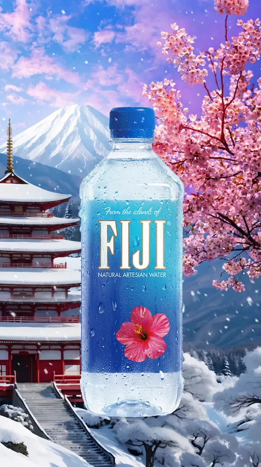 Prompt: an image of the water bottle in the in the image guidance below with a background of a snowy mountain and Japanese architecture. make the bottle be dripping with water and make it look cold. incorporate a cherry blossom tree in the background.