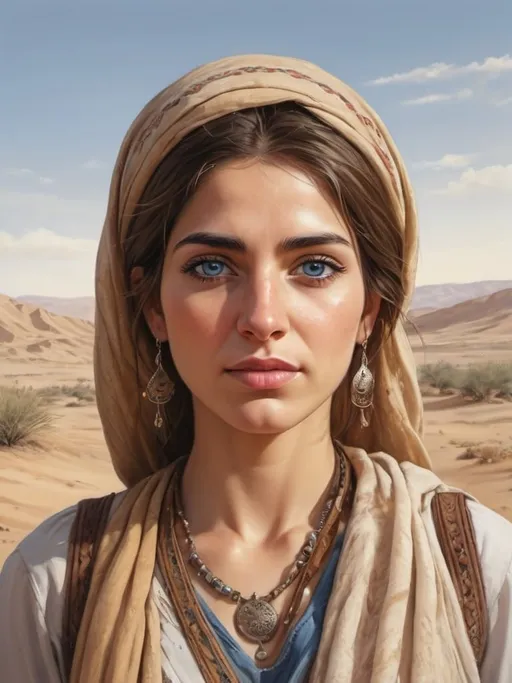 Prompt: Kurdish woman, blue eyes, sandy desert landscape, warm and earthy tones, high quality, realistic rendering, detailed facial features, shimmering desert heat, rugged terrain, authentic atmosphere, pride and resilience