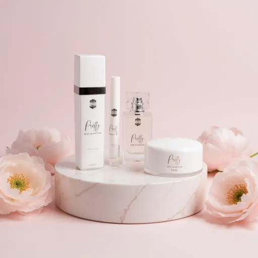 Prompt: A soft, luxurious product display scene featuring a round white marble pedestal with subtle beige veining, placed on a pastel pink surface and surrounded by blooming soft-pink peonies.

On top of the pedestal, arrange four minimalist white cosmetic products in a clean and elegant layout. The product set includes:

– A tall, matte white rectangular bottle with a metallic band near the top (body lotion), standing upright
– A slim, cylindrical, pen-like spray bottle with a clean finish, standing next to it
– A clear rectangular perfume bottle with a transparent square cap, placed in the center
– A round, low-profile white cosmetic cream jar with a smooth glossy surface and soft edges. The jar should be shown from a slightly top-front perspective, with a gentle rightward angle to match the others and maintain visual harmony.

The lighting should be natural and diffused, casting soft shadows and gentle highlights across the products and pedestal.


  The overall aesthetic should feel high-end, feminine, calm, and perfect for beauty or skincare product presentation.