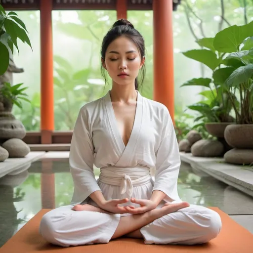 Prompt: <my model> with pretty asian face,is doing meditation,with eyes closed, in a white color zen style temple with green plants , in mystic fantasy style