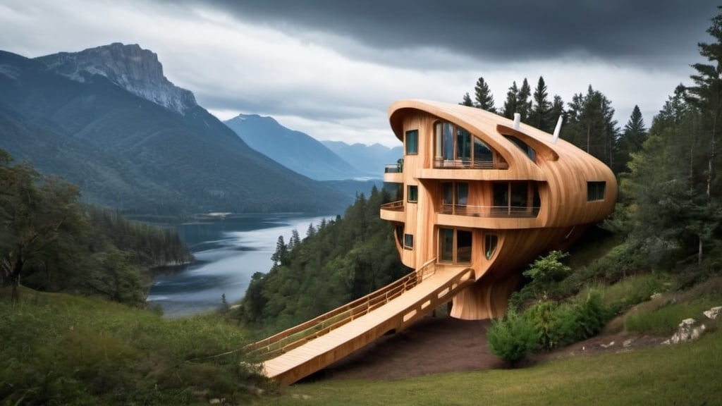 Prompt: Una casa futurista  de madera, con forma de castillo, que tenga luces de colores y poca vegetación , además esta en cerca de un hermoso paisaje.