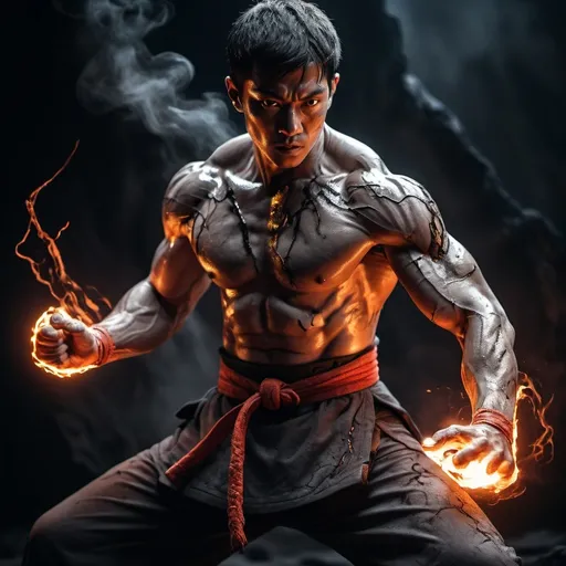 Prompt: Man, martial arts, ashen skin, molten lava, cool