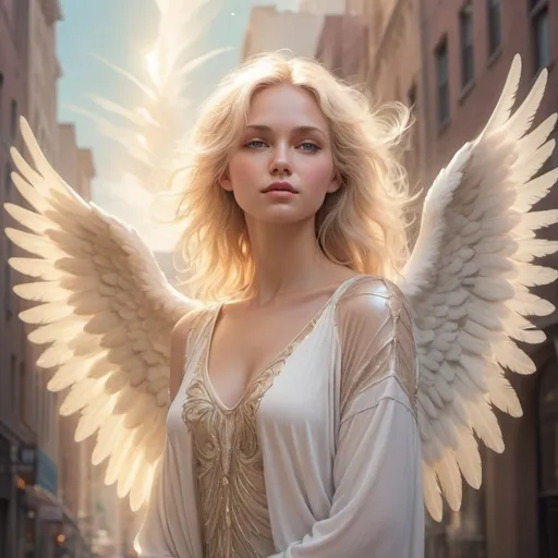 Prompt: Full figure angel looking straight, in a city, divine glow, radiant wings, celestial being, ethereal light, high quality, surreal, radiant colors, serene and peaceful, soft pastel tones, heavenly atmosphere, detailed feathers, gentle breeze, majestic presence, blonde hair, glory