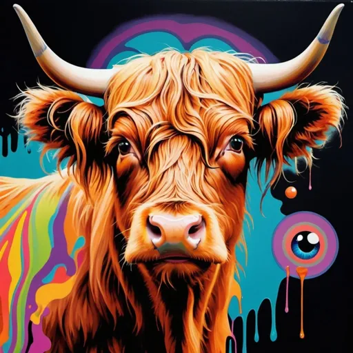 Prompt: psychedelic melting, concert poster, trick of the eye painting, highland cow with a moehawk