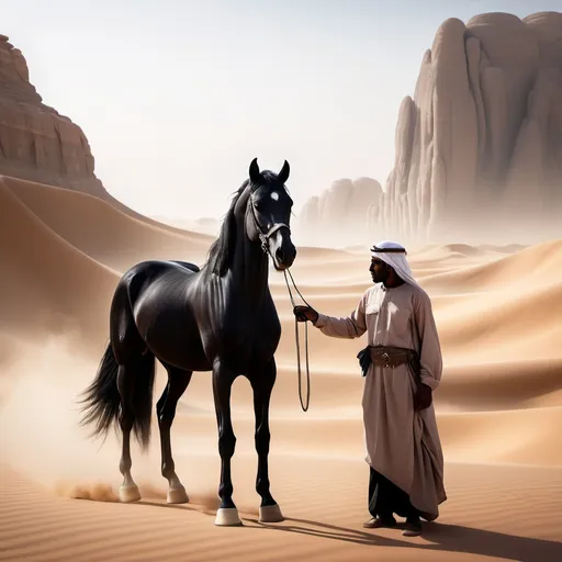 Prompt: a black arabian horse in a mystical desert  with a trader