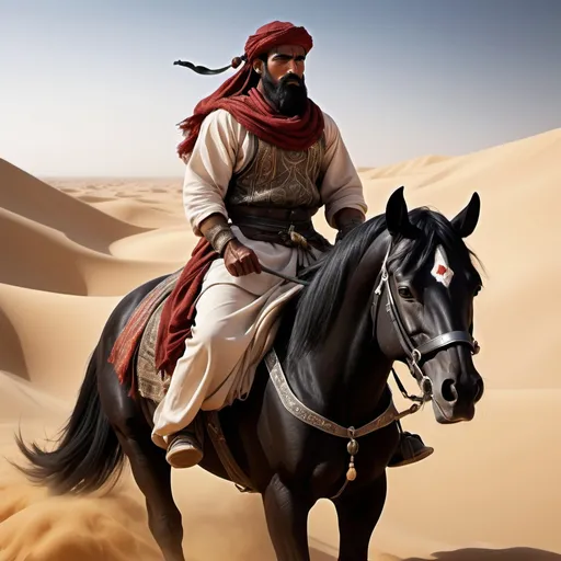 Prompt: warrior trader in the desert he is muscular and is on a black arabian horse traveling the silk road