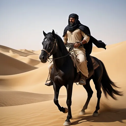 Prompt: warrior trader in the desert he is muscular and is on a black arabian horse traveling the silk road