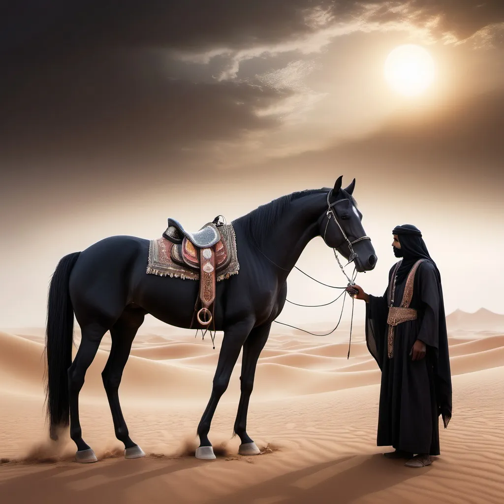 Prompt: a black arabian horse in a mystical desert  with a trader