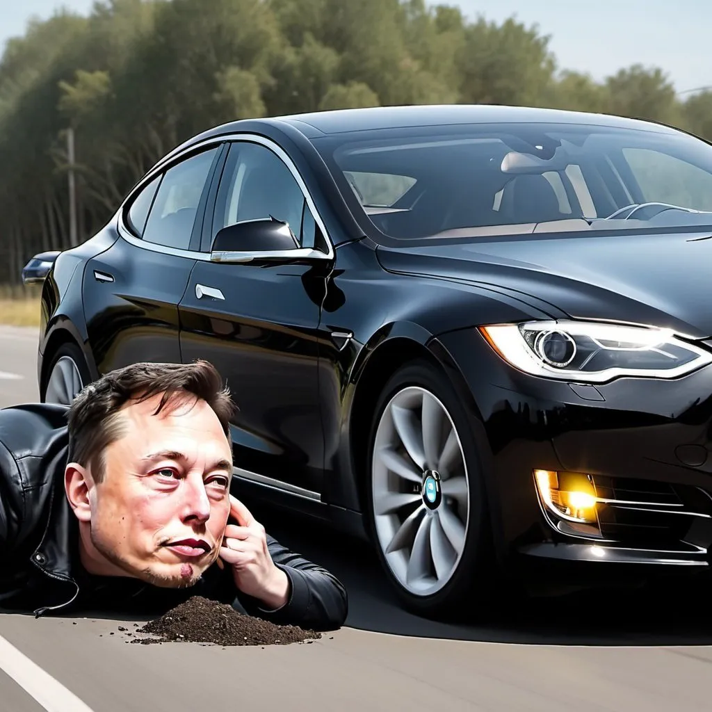 Prompt: Cartoon Depressed Elon Musk slumped over hood of Tesla.  BMW races away