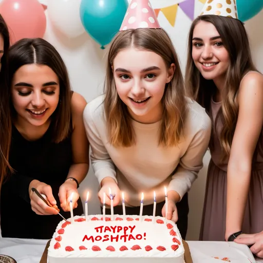 Prompt: 19-year-old introverted white girl cutting the cake at her birthday party with girl friends and a sign behind her that says Tayaba Moshtaq.