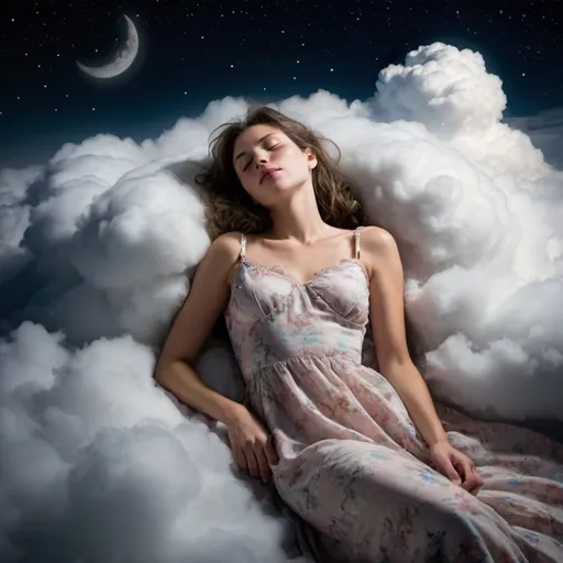 Prompt: woman with beautiful dress sleeping in the clouds at night