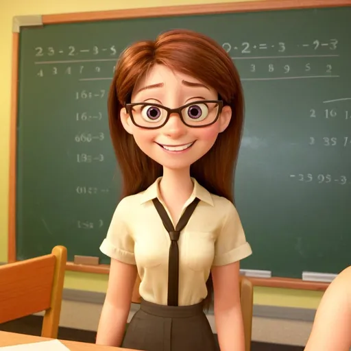 Prompt: female math teacher with brown hair is smiling

