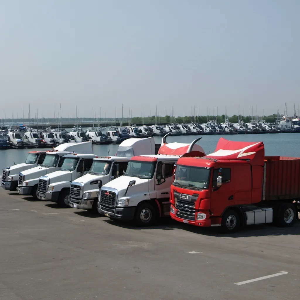 Prompt: many trucks are standing at the dock