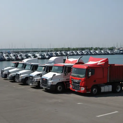 Prompt: many trucks are standing at the dock