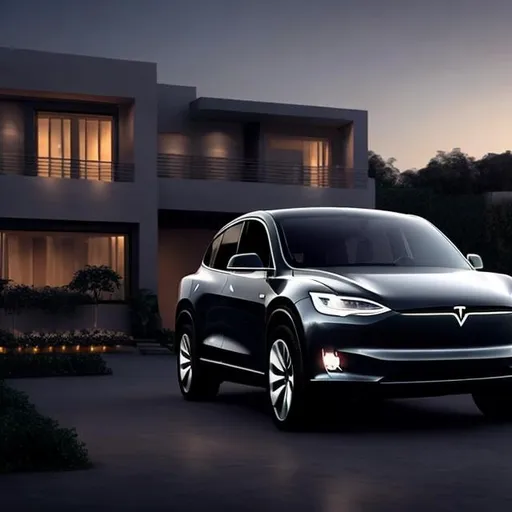 Prompt: an SUV in the dusk in a very fancy neighborhood.  The SUV is a medium size electric SUV similar to a Tesla the color is black . The overall mood is sophistication, fancy, elegant and aspirational.