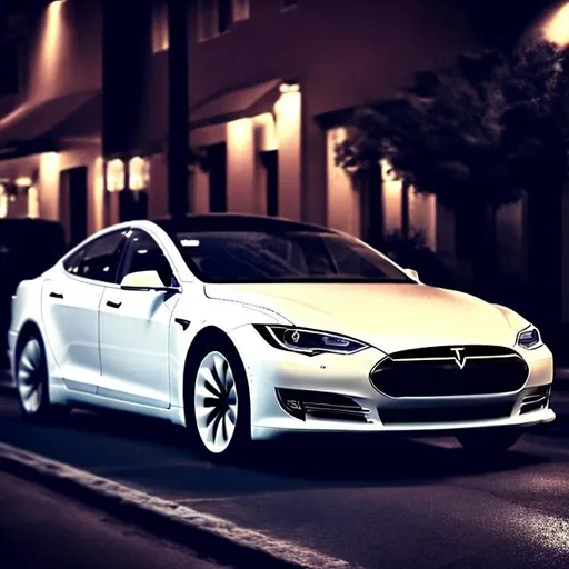 Prompt: A sedan car (automobile) very similar to Tesla Model S, outside of a very classy restaurant, it's nighttime.  The car is white.  The city lights reflecting on the car looks very cool