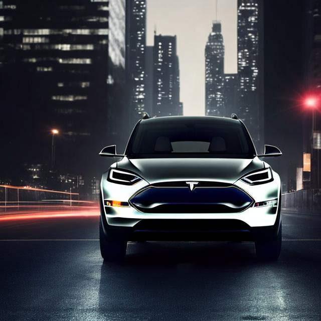 Prompt: an SUV in the night of a busy city with the city lights there.  The SUV is a medium size electric SUV similar to a Tesla Model Y, the color is grey. The mood is modern, cool, sophisticated, technological.