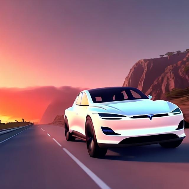 Prompt: a white suv like a Tesla (a large SUV) driving in a coastal highway with a sunset in the back, the sky is orange, purple and you can see the car is driving fast.  Make it as realistic as possible

