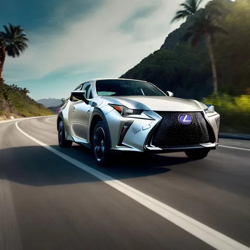 Prompt: a big SUV similar tu a Lexus Rz electric driving fast through a coastal highway.  the tires reflect the speed the car is going.  the car has its headlights on. we can see palm trees by the side of the road.  The car is gray, make it dark, at dusk