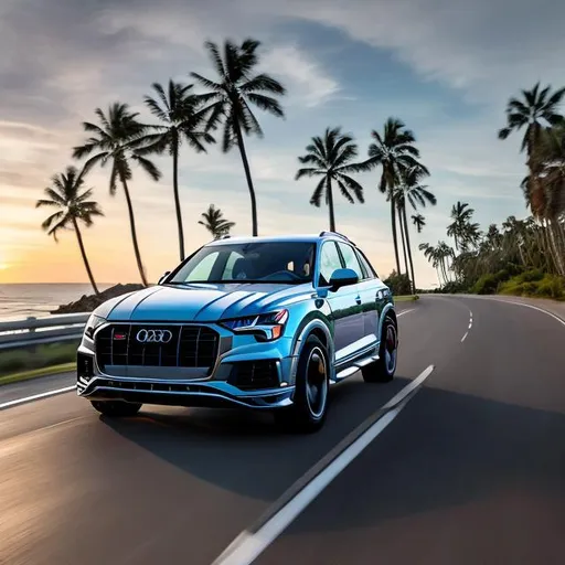 Prompt: a big SUV like an Audi Sq8 E-tron driving fast through a coastal highway, with a gorgeous sunset in the back, we can see palm trees by the side of the road.  The car is gray