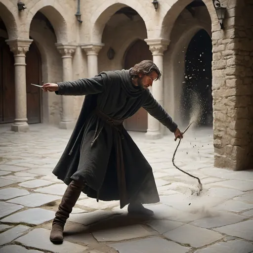 Prompt: a medieval rogue sharply pivoting sideways to avoid an incoming strike,
one foot planted,
other foot sliding across stone floor,
torso twisted at an angle,
one arm raised defensively,
cloak whipping from sudden rotation,
dust and small stone fragments disturbed from rapid movement,
a blurred blade strike narrowly missing behind him,
tense focused expression,
dynamic evasive motion,

medieval stone courtyard,
natural lighting,
painterly realistic fantasy illustration,
high detail dungeons and dragons style,
defensive action pose,
single character focus