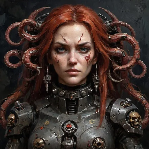 Prompt: Create an eerie female character from the Warhammer 40k universe, specifically from Adeptus Mechanicus, but without any priestly insignia. Her form is grimdark, blending metallic and naturalistic elements. Her unnaturally elongated, snake-like body is enhanced with numerous cybernetic implants and augmentations. Emerging from her back are multiple mechadendrite tendrils, each moving independently but together forming a serpentine tail, winding around the metal support beams of a spaceship's cargo hold.

The upper half of her body, resembling a twisted Medusa, is primarily mechanical, with five arms—four are synthetic, spindly, and spider-like, while one remains human, ending in long, sharp nails. Her face is half metal, with copper and iron plating, giving her a grim, unsettling look. The other half of her face is her real, scarred and distorted skin, framed by long, straight red hair combed into a neat fringe. The atmosphere of the art should reflect the dark, industrial, and mechanical horror of Warhammer 40k, with emphasis on her mix of organic and mechanical grotesquery.