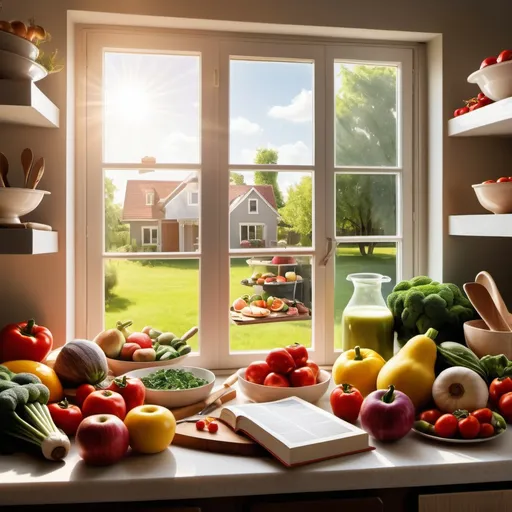 Prompt: Make a image of cooking and baking with fresh fruits and vegetables inside a house that has a stack of cook books and baking. With a window looking out to a sunny day and a garden 